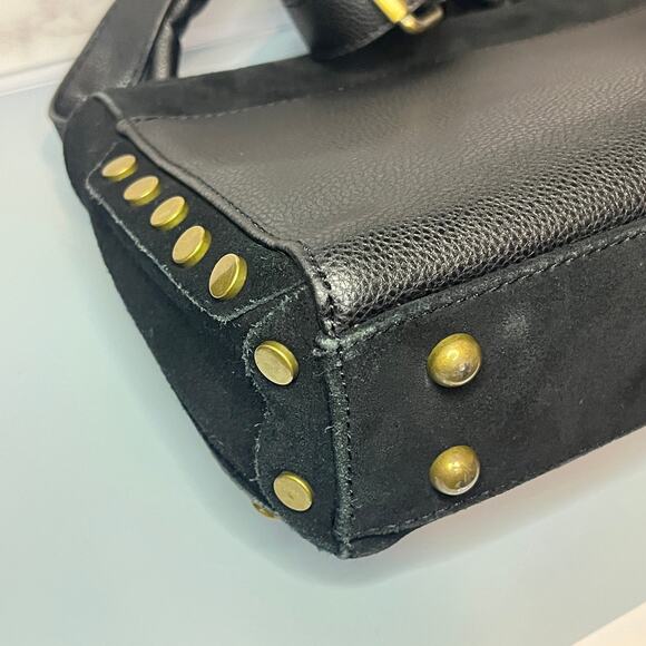 Lionel Black Suede & Leather Crossbody Bag / Top Handle Bag w/ Gold Brass Studs - Picture 8 of 14